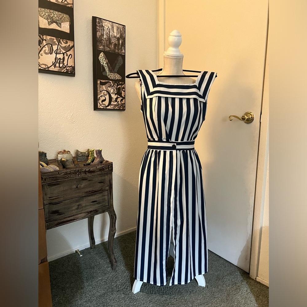 Navy & White Striped Sleeveless Jumpsuit With Overskirt